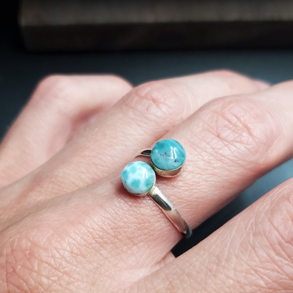 Size 9 Sterling Silver Cool Double Larimar Stones Ring - Picture 2 of 7